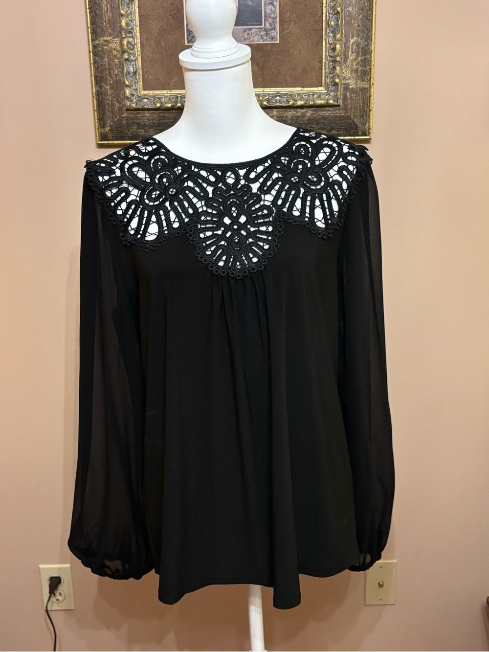 White House Black Market Black Crochet-Yoke Long Sleeve Blouse
